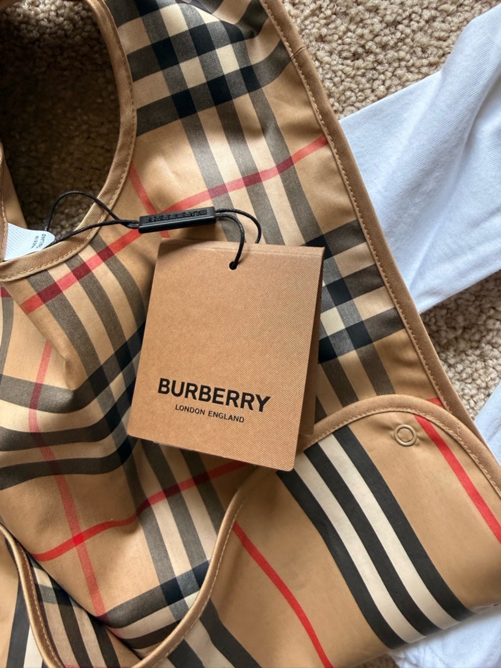 Burberry White Baby One-Piece with Beige Check Placket includes bib - Picture 4 of 6